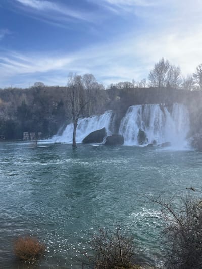 The image displays a wide view of the Kravica Waterfall in Zvirići, Bosnia and Herzegovina. The central feature is a multi-tiered waterfall cascading into a broad, turquoise-green river. White, turbulent water falls over a dark, rocky ledge, generating a noticeable mist that partially obscures the area to the right of the falls. Several large, dark boulders are visible at the base of the waterfall within the water. In the mid-ground, a tall, bare deciduous tree stands vertically within the river, its lower trunk submerged.
The background consists of a low hill or bank densely covered with numerous bare deciduous trees, indicating a winter or early spring season. On the far left bank, upstream from the main falls, a partially submerged or dilapidated stone structure with visible window openings is present amidst the bare trees. The foreground shows the surface of the river, characterized by ripples and scattered foam, along with sparse, dark, bare branches and reddish-brown shrubbery on the immediate riverbank. The sky overhead is light blue with thin, wispy white clouds. No human figures or discernible signs of human activity are present in the scene.