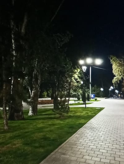 This forensic description details an image captured at night in a public park or walkway area within the city of Mirbozor, Uzbekistan. The scene is illuminated by artificial light sources. A light-colored, rectangular paver block pathway occupies the right side of the frame, receding into the distance. To the left of this pathway is a meticulously maintained green lawn. Numerous trees with dark trunks and dense foliage line the left side of the pathway, some appearing to be birches with lighter bark, while others are darker. Smaller coniferous trees and shrubs are also present on the lawn. A tall lamppost with three bright, circular light fixtures stands prominently in the midground, casting light on the pathway and surrounding vegetation. Another similar lamppost is visible further down the path. In the far background, multiple indistinct human figures are discernible on the paved pathway, their specific actions and interactions undiscernible due to distance and low light. A blue object, possibly a waste bin, is partially visible in the mid-distance near the pathway. The sky above is completely dark, indicative of nighttime.