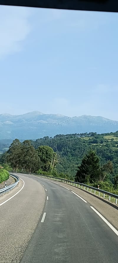 A high-angle, vertical shot captures a winding road curving through a lush, green mountainous landscape. The road, paved in asphalt, is marked with white dashed lines and a solid white line along its edge. A silver metal guardrail runs along the outer side of the curve, separating the road from the steep, forested slopes. The dense foliage, a variety of green hues, blankets the mountainside, with glimpses of lighter green patches suggesting open fields or clearings.

In the distance, layers of mountains recede into a hazy blue-gray silhouette, disappearing into the clear, pale blue sky. The sky is mostly cloudless, with a faint wispy streak visible on the left side of the frame. The overall impression is one of natural beauty and a sense of journey, likely on a sunny day. The absence of people or any discernible activity suggests a scenic viewpoint or a drive through a remote, natural area. The image appears to be taken from a vehicle, possibly from the passenger seat or a dashboard camera, given the perspective and the edge of what might be a car interior on the far left. The scene evokes a peaceful and expansive feeling, highlighting the grandeur of the mountainous terrain.