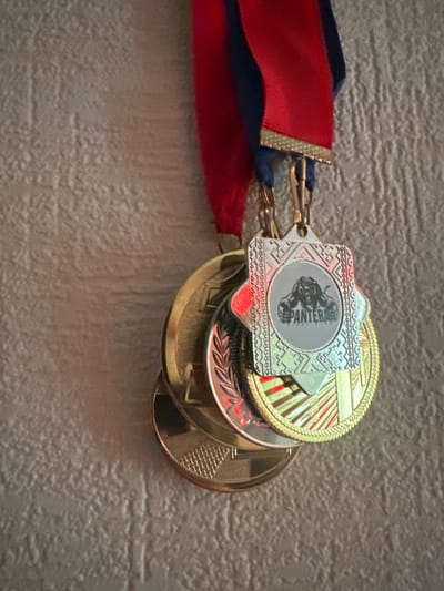 A close-up shot shows a string of medals hanging against a textured, off-white wall. The medals are suspended by red and blue ribbons attached to a metallic clasp. The medals themselves are circular and metallic, with some featuring intricate designs and embossed patterns. One medal, positioned at the front, is square-shaped with a silver finish and displays a circular emblem containing the word "PANTER" and a depiction of an animal. The lighting in the image creates shadows and highlights on the medals and the textured wall, suggesting an indoor setting. The scene appears to be in a private residence or a personal display area, likely in the city of Criuleni, Moldova, given the context of the prompt. No individuals are present in the frame.