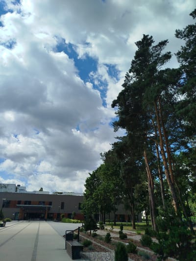 The image depicts a modern building with a gray facade and large windows, likely a public facility or office building, situated in Marki, Poland. The foreground features a paved walkway leading to the building's entrance, with benches and landscaping along the sides. Tall pine trees and other greenery are prominent to the right of the building, casting shadows on the scene. The sky is filled with a mix of white and gray clouds, with patches of blue visible. The overall impression is one of a well-maintained urban environment with a blend of contemporary architecture and natural elements.