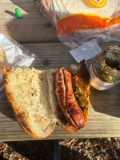 The scene displays food items arranged on a weathered wooden picnic table, observed in Micanopy, United States. A central focus is a grilled sausage, split lengthwise, positioned within a toasted bun. Green chimichurri sauce and a reddish sauce are visible beneath the sausage in the bun. Adjacent to the bun, a partially full clear glass jar of "CHIMICHURRI STEAK SAUCE with Olive Oil" is present. In the upper right of the frame, a clear plastic bag containing flatbreads or tortillas is visible. To the upper left, a partially open clear plastic bag containing ten slices of cheese is visible. A small, bright green, ribbed plastic object rests on the table surface near the cheese package. Direct sunlight illuminates the scene, creating distinct shadows. The ground below the table is covered with dry leaves, indicating an outdoor natural setting. No individuals are visible.