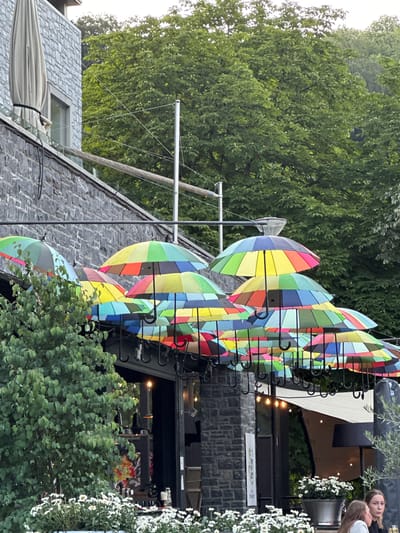 The image shows a street scene in Durbuy, Belgium, decorated with numerous colorful umbrellas suspended overhead. The umbrellas are of various colors, including green, blue, yellow, red, and pink, and are arranged in a dense canopy above an outdoor seating area. Some of the umbrellas are partially opened, while others are fully spread. Below the umbrellas, a building with a stone facade is visible, featuring large windows and an entrance. Green trees and foliage frame the scene, suggesting an outdoor setting, possibly a cafe or restaurant. In the lower right corner, two women are partially visible, and a large pot of white flowers is in the foreground. The overall impression is one of a vibrant and festive atmosphere.