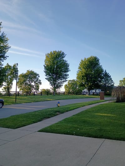 The image depicts a suburban street in Georgetown, United States of America, under a clear blue sky with thin wispy clouds. The foreground features a concrete sidewalk bordering a neatly manicured green lawn. A paved road runs parallel to the sidewalk. On the right side of the road, a yellow fire hydrant is visible.

Beyond the road and lawn, a dark wooden fence stretches horizontally across the scene, separating the street from a grassy area dotted with trees. A black lamppost stands near the fence on the left side. Several mature green trees are scattered throughout the landscape, with one particularly tall, leafy tree in the center right of the frame. In the background, a white recreational vehicle is parked under a cluster of trees. To the far right, a section of a decorative, weeping-style shrub is partially visible. A black SUV is partially visible on the left edge of the frame, parked on the road. The overall impression is a tranquil, residential environment.
