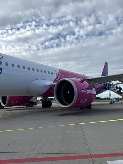 A Wizz Air Airbus A320-200 aircraft, identified by the "wizzair.com" branding on its pink engine nacelle, is parked on the tarmac at an airport. The aircraft's fuselage is white with a pink stripe extending from the nose to the tail, with pink accents on the engine nacelles. Several passengers are ascending a mobile airstair at the rear of the plane, with the name "ALLgate" visible on the stairs. The aircraft is positioned on a concrete apron, marked with yellow and red lines. In the background, a truck is visible near the landing gear, and beyond that, trees and buildings are present. The sky above is overcast with scattered clouds. The image was taken in Künersberg, Germany.