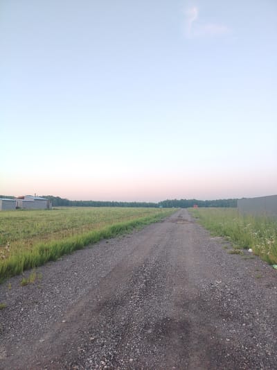 The image depicts a gravel road leading into a rural landscape at dusk in Rastunovo, Russia. On the left side of the road, a field of green grass is visible, with several small, uniform, rectangular structures that appear to be sheds or outbuildings. A line of trees forms the horizon in the background, with the sky above transitioning from a light blue at the top to a pale pink near the horizon. The road is made of loose gravel and dirt, with some tire tracks visible. On the right side of the road, there is a tall, corrugated metal fence. The overall scene suggests a quiet, undeveloped area on the outskirts of a settlement.
