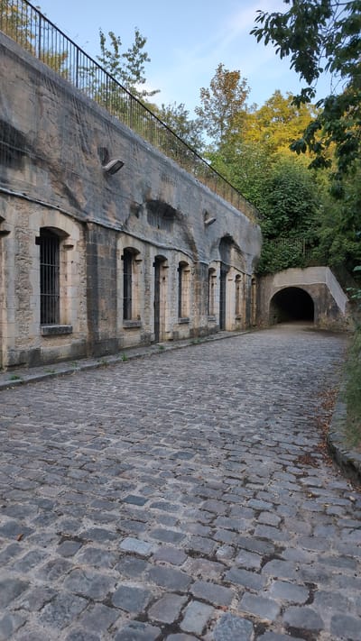 The image depicts a cobblestone path leading towards a tunnel entrance. The path is lined on the left by a stone wall with arched openings, each secured by metal bars. Above this wall, a net is stretched across the rocky embankment, and a metal fence runs along the top. Trees and foliage are visible on the embankment and above the fence. On the right, the path slopes upwards towards the tunnel, which is illuminated from within by an unseen light source. The environment appears to be an outdoor historical site, possibly a former military fortification, given the presence of the stone structure, bars on the openings, and the tunnel. The sky is clear with a few wispy clouds. This location is identified as being in Saint-Apollinaire, France. There are no people or animals visible in the image.