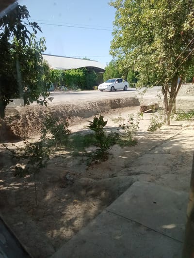 A white sedan drives down a paved road in Karagana, Uzbekistan, on a clear, sunny day. Trees line the road, and a building with a corrugated metal roof is visible in the background. The foreground is a dry, dusty landscape with sparse vegetation and some concrete elements.