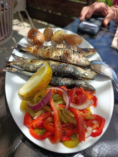 A white ceramic plate of grilled sardines and chopped vegetables is displayed on a dark, reflective surface, likely a table. The plate is positioned in the foreground and slightly off-center to the right. Several whole grilled sardines, charred in places, are arranged horizontally on the plate. To the left of the sardines, a wedge of lemon is placed. Below the sardines and lemon, a medley of chopped red and green bell peppers and red onion is served. In the background, out of focus, are several small, roasted potatoes. A metallic spoon rests on the right side of the plate. Partially visible in the upper right corner is a hand holding a dark-colored smartphone, suggesting a casual outdoor dining setting. The overall scene appears to be an outdoor restaurant in Sines, Portugal, given the characteristic dish of grilled sardines common in Portuguese coastal towns. The lighting indicates a sunny day.