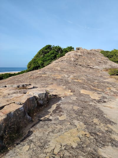 The image depicts a rocky outcrop overlooking a beach and the ocean. The foreground is dominated by large, weathered rocks with visible cracks and crevices. Some sparse vegetation grows between the rocks.

The midground features a sloping rock formation that leads towards a lush green treeline. Beyond the trees, a sandy beach is visible, bordered by the blue ocean. The ocean appears calm with gentle waves.

The background consists of a clear, light blue sky with a few wispy clouds.

The scene suggests a natural, coastal environment. The image does not contain any people, animals, or man-made structures, besides what might be a faint line of vegetation that could be a road or path in the distance.

This location is identified as Panama Beach, Panama, in the city of Panama, Sri Lanka.