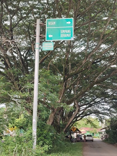 The image captures a rural or semi-rural roadside scene, likely at a junction, dominated by a towering tree canopy that shades the entire area. A tall, light-grey utility pole stands prominently in the foreground, displaying several green directional signs.
The top main sign, oriented horizontally, points right and reads "NISAM". Below it, a larger horizontal sign indicates "SIMPANG KERAMAT" with a left-pointing arrow. Further down the pole, a smaller green sign is partially visible, stating "PUSKESMAS KUANJAMPUE" followed by "± 300 M", suggesting a clinic 300 meters away. A "WC" sticker is also visible on the lower part of the pole.
The background is filled with the dense, gnarled branches and green foliage of what appears to be a very large tree, creating a natural archway over the road. On the right side, the road leads into the distance, with a yellow "T" junction sign visible near a small, dark-roofed roadside stall. Two cars, a white SUV and a dark sedan, are parked or moving slowly near this stall, with a few people standing beside them. A motorcycle is also visible further down the road. Beyond the road and stall, several houses with red and green roofs are nestled among the trees, indicating a small settlement.
The time of day is daytime, but the heavy tree cover casts the scene in soft, diffused light, suggesting either an overcast day or significant shade. The overall impression is one of a quiet, everyday moment in a green, tropical environment in Pulorayeuk, Indonesia, as indicated by the Indonesian text on the signs.