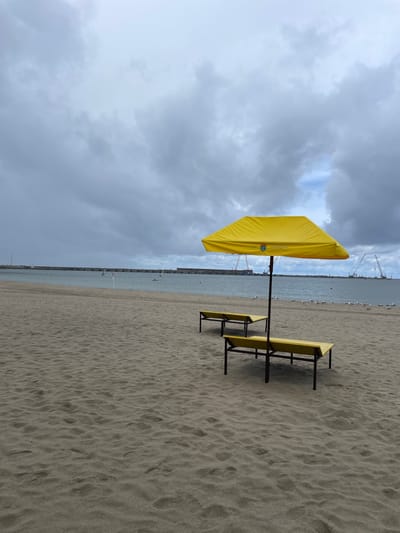 An overcast day at a sandy beach in Pionersky, Russia, with a yellow umbrella and two yellow benches in the foreground. The beach is mostly empty, with a few seagulls scattered on the sand near the water. The sea is calm, with a long pier or breakwater in the distance. Several windsurfers are visible on the water, as well as some construction cranes and industrial structures along the coastline. The sky is filled with dramatic, dark clouds.