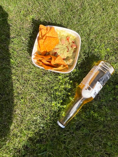 In Вельяминово, Russia, a white bowl of guacamole with tortilla chips sits on a patch of green grass. To the right of the bowl, a glass bottle of Corona beer lies on its side. The scene is illuminated by bright sunlight, casting shadows on the grass.