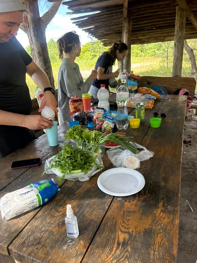 The image depicts an outdoor picnic scene on a wooden table, likely in Chmyrivka, Ukraine, given the context. A man in a black t-shirt and a grey hat is pouring a white liquid from a bottle into a blue cup. To his right, a woman in a grey shirt with her hair in a ponytail stands near the table, and another woman in a dark shirt is visible in the background. The table is laden with various items, including bottles of water and drinks, packets of chips, a container of lettuce and herbs, chopped tomatoes, green onions, plastic cups in yellow and green, a white plastic plate, a pack of "Giggles" antibacterial wipes, and a small bottle of hand sanitizer. The setting appears to be under a rustic wooden shelter, with trees and foliage visible in the background, suggesting a natural, possibly park or rural, environment.