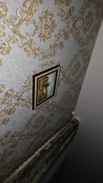 A framed oil painting of a forest landscape hangs on a wall with ornate gold and silver damask wallpaper. The painting is in a dark wood frame with a lighter inner border. Below the painting, partially visible, is a green floral curtain. The scene appears to be indoors, possibly in a residential setting within Занарацкі сельскі Савет, Belarus. The lighting is dim, casting shadows and highlighting the textured wallpaper.