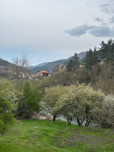 The image depicts a scenic view of a settlement nestled against a mountain in Tompsan, Bulgaria. The foreground features a grassy embankment with trees and shrubs in varying degrees of bloom. A dirt path meanders through the grass. Beyond the trees, there is a glimpse of a river or stream.

Midground showcases houses with red-tiled roofs and other structures dotting the landscape. The houses appear to be situated on the slope of a mountain.

The background reveals a mountain range under a cloudy sky. The overall lighting suggests an overcast day. There are no people visible in the frame.