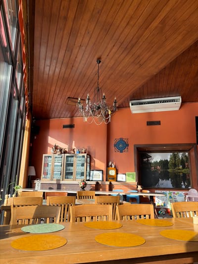 The image depicts the interior of a restaurant or dining area with a warm, inviting ambiance. The dominant materials are rich, polished wood, used for the paneled walls and the long dining table with chairs, and a deep orange-red hue for the walls. Natural light streams in from a large window, casting distinct shadows across the wooden table, suggesting it is daytime.
The scene features several objects. An air conditioning unit is mounted high on one wall. A decorative chandelier with multiple lights hangs from the ceiling, adding a touch of elegance. On the orange-red wall, there is a large square clock with a blue face and decorative elements, and other framed pictures and decorative items, including a small wooden cabinet with glass doors displaying what appear to be glasses and decorative items. The dining table is set with placemats and is surrounded by wooden chairs.
The overall impression is one of a well-maintained and perhaps slightly vintage establishment. There are no people visible in the image, and no specific activity or event is clearly taking place. The setting appears to be a commercial space designed for dining and socializing. There is no visible text in the image that can be read. The location context of Гвардейское, Russia, suggests this is a local establishment within that region.
