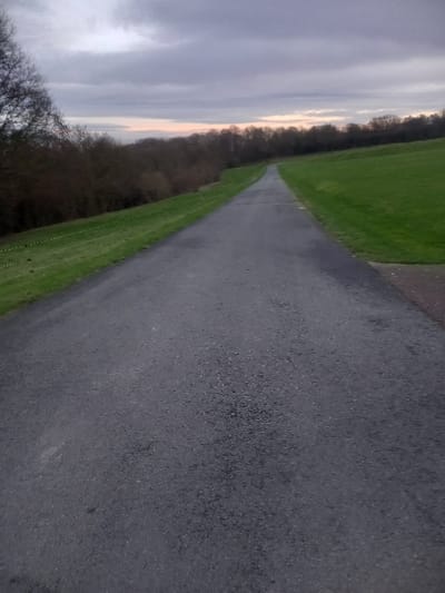A perspective shot captures a gray asphalt road stretching into the distance. Green grass flanks the road on both sides, bordered by a line of trees and bushes on the left. The sky is overcast, with shades of gray and hints of faint orange near the horizon. The photograph has a muted, serene atmosphere.