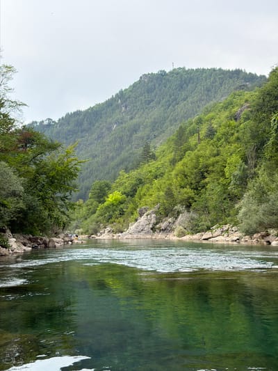 The image depicts a serene river scene in Džajići, Bosnia and Herzegovina, with a lush, verdant mountain slope rising dramatically on the left. The mountain is heavily forested with dense green trees, and rocky outcrops are visible through the foliage. A clear river flows from right to left in the foreground, its surface reflecting the vibrant green of the trees and the grey, overcast sky. The water appears calm, with gentle ripples distorting the reflections.

Along the rocky riverbank on the right side of the image, a small group of people are visible, appearing to be enjoying the scenery or perhaps engaging in a leisure activity. Their presence suggests a tranquil, inviting atmosphere. The time of day is likely daytime, given the brightness of the scene, but the overcast sky suggests it might be a cloudy or misty day. The overall mood is one of natural beauty and peacefulness, with the imposing mountain and the gentle river creating a harmonious landscape. No visible text is present in the image.