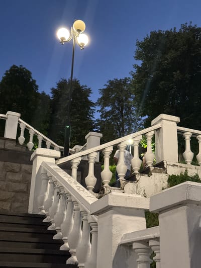 The image depicts an outdoor stairway at dusk in Endirei, Russia. A multi-globe lamppost illuminates the scene, casting rays into the dark blue sky. The stairway is flanked by white balustrades with decorative pillars. Dark wooden steps are visible on the left. In the background, trees form a dense canopy against the fading light. Two individuals are present on the stairs, one in a white t-shirt facing away from the camera, and another figure partially visible further up the stairs. The overall atmosphere is calm and serene, with the artificial light from the lamppost contrasting with the natural twilight.