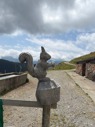 This is a medium-shot, eye-level, outdoor, daytime photograph taken in the vicinity of Lateis / Latais, Italy. The foreground features a carved wooden sculpture of a squirrel, positioned on a wooden post, with a horizontal wooden fence in front of it. The squirrel sculpture has blue eyes and is carved with texture to mimic fur. The base of the squirrel sculpture is hexagonal and inscribed with "AZ".
In the mid-ground, to the left, is a concrete trough filled with water. Behind the trough, a green hose with an orange nozzle is visible. A wooden pole stands to the left of the trough. The ground is covered in gravel and scattered green vegetation.
Further back, a paved road curves uphill. To the right, a building with a dark roof is situated on a grassy slope. The building's facade is covered with neatly stacked firewood. The background consists of rolling green hills and a mountain range under a partly cloudy sky. The clouds are a mix of grey and white, with patches of blue sky visible. The overall scene depicts an outdoor area likely in a mountainous or rural region, possibly a hiking trail or a rest stop.