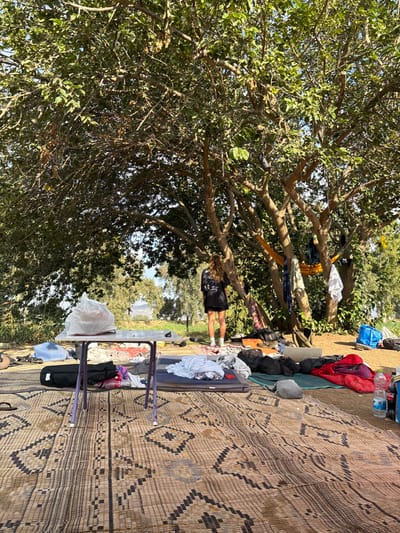 The image depicts a daytime outdoor scene located within the Galil Elyon Regional Council, Israel. The foreground is dominated by a large, woven mat with geometric patterns, covering the ground. Positioned on the mat is a small, light-colored folding table with purple legs, on which a white plastic bag and other indistinct items are present.
To the right of the table, a dark rectangular pad or mat is visible, surrounded by piles of folded or loose clothing, multiple bags (including backpacks and duffel-like bags), a red sleeping bag, and several plastic water bottles and other beverage containers. This area appears to be a temporary campsite or rest area.
One individual is visible standing with their back to the viewer, positioned beneath the substantial canopy of a large, leafy tree. This person has long, dark hair and is wearing a dark, long-sleeved shirt or sweatshirt, dark shorts, white socks, and light-colored athletic shoes. Their right arm is slightly raised towards the tree trunk.
Various items are suspended from the tree branches, including multiple articles of clothing (shirts, towels), a yellow fabric hammock, and a pair of dark shoes hanging by their laces. In the background, beyond the immediate shaded area, a body of water is visible between sparse trees, with distant hills or mountains outlined against a clear, bright sky. The scene is illuminated by strong natural light.