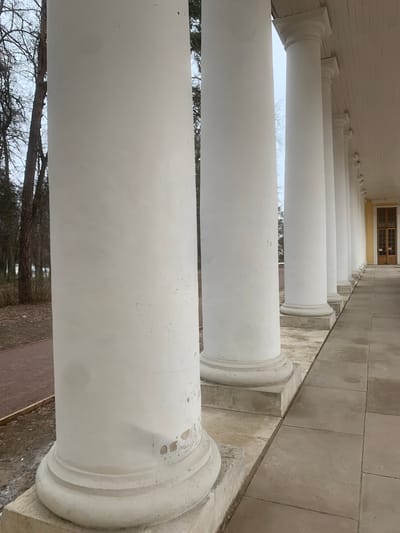 A ground-level, slightly tilted perspective shot showcases a row of white columns along a covered walkway. The columns appear to be cylindrical in shape and are positioned progressively smaller in the distance. The walkway is paved with gray tiles, and a beige-colored wall runs along the side, separated from the columns by a raised edge.
In the background, a wooden door with glass panes can be seen. Beyond the columns, a view of trees and the sky is visible. The overall lighting suggests an overcast or daylight environment.
Based on the location information, the image appears to be taken at the State Museum Estate Arkhangelskoye near Moscow, Russia.