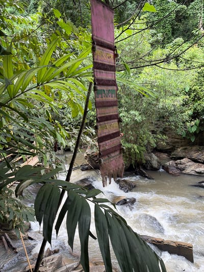 In Ban Huai Takhrai, Thailand, a narrow, woven textile hangs suspended in front of a natural scene. The textile, predominantly pink with alternating horizontal bands of brown and green, features an intricate pattern of elephants woven into the green stripes. The bottom edge of the textile frays into tassels. Behind this hanging object, lush green foliage dominates the background. Various types of leaves, from broad palm-like fronds in the foreground to smaller, dense leaves further back, create a vibrant canopy. A natural stream flows rapidly over rocks in the midground. The water is turbulent, with white foam indicating its swift movement. Rocks of various sizes are visible along the stream bed and banks, some covered in moss. The environment suggests a tropical, possibly jungle-like setting. The lighting is diffused, consistent with an overcast day or dense forest cover. There are no people visible in the image.