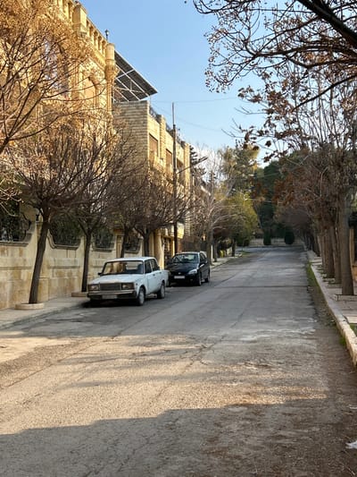 The image, rotated 90 degrees clockwise, captures a quiet, upward-sloping street scene in what appears to be Aleppo, Syria. On the left side of the street, a multi-story building stands prominently, constructed from light-colored stone or concrete. It features intricate architectural details, including ornate window frames, and several windows with closed shutters. A notable detail on the roof is the installation of multiple solar panels.
The street is lined with numerous deciduous trees on both sides. Most of these trees are bare or have sparse, dry leaves, suggesting the season is late autumn or winter. The street surface itself is paved with asphalt or concrete, showing visible cracks and signs of wear.
Two cars are parked on the right side of the street. In the foreground, there is a white, older model sedan, and behind it, a darker-colored sedan is parked further up the incline. Beyond the parked cars on the right, there is a dirt or gravel verge.
The sky above is clear and bright blue, indicating sunny weather. The lighting suggests it is daytime, possibly late morning or early afternoon, as evidenced by the shadows cast by the trees stretching across the road. No people are visible, and there is no discernible activity taking place, portraying a calm, everyday urban environment. No visible text is present in the image. The architectural style, vegetation, and general ambiance are consistent with the provided location context of Aleppo, Syria.