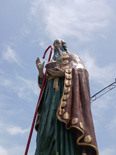 A multi-colored statue of a male figure stands outdoors in the city of San Joaquín, Venezuela, viewed from a low angle against a light blue sky with scattered white clouds. The figure possesses a long grey beard and hair, with an aged facial expression. It wears a dark green robe and a brown cloak draped over its left shoulder and front, detailed with gold circular medallions along its trim. The figure holds a dark red shepherd's crook in its right hand, positioned vertically to its side, and a small, dark brown woven basket in its left hand, held at waist level. Its right hand is raised with the palm slightly open, appearing to gesture. A dark, arched metal structure is partially visible in the upper right background.