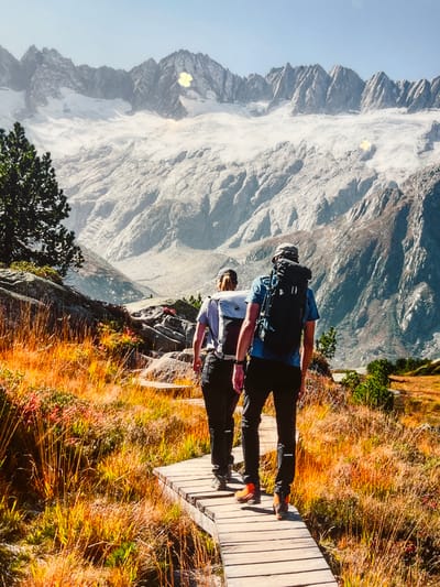 The image captures two individuals hiking on a wooden boardwalk in a mountainous region near Erstfeld, Switzerland, under a clear sky. Both subjects are seen from behind, walking away from the viewer along the wooden path. The person on the left wears dark trousers, a light grey short-sleeved shirt, and a light grey and black hiking backpack. The person on the right wears dark trousers, a blue short-sleeved shirt, a dark baseball cap, a large black hiking backpack, and orange and brown hiking boots.
The wooden boardwalk is constructed from light-colored planks and extends into the mid-ground. It is surrounded by dry, golden-orange grasses and low-lying shrubs, indicating an autumn season. To the left of the boardwalk, a dark green coniferous tree is visible, with rocky terrain and smaller shrubs beyond it. In the background, a vast range of rugged, grey, glaciated mountains rises prominently, featuring extensive white snow and ice formations. The sky above the mountains is a pale blue with minimal cloud cover.
