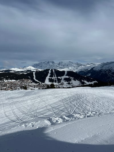 The image displays a panoramic winter mountain landscape. In the foreground, a snow-covered ski slope is visible, marked extensively with numerous parallel and intersecting ski and snowboard tracks. The snow surface is uneven in places due to these tracks and some disturbed snow patches. No individuals or objects are present on this immediate slope.
In the midground, the village of Villard-sur-Doron, France, is situated in a snow-laden valley. The village comprises a cluster of buildings, predominantly featuring dark roofs, nestled among snow-covered terrain and dense coniferous forests. Several distinct, cleared ski pistes are visible on the hillsides above the village, appearing as wide white paths winding through the dark green forested areas.
The background reveals a majestic range of rugged, snow-capped mountains stretching across the horizon. These peaks are clearly defined against an overcast sky, which exhibits shades of grey and light blue, indicating a cloudy or partly cloudy condition. The entire scene is under diffused daylight. No active people, specific objects (beyond structures and ski infrastructure), or interactions are directly observed within the village or distant mountain areas.