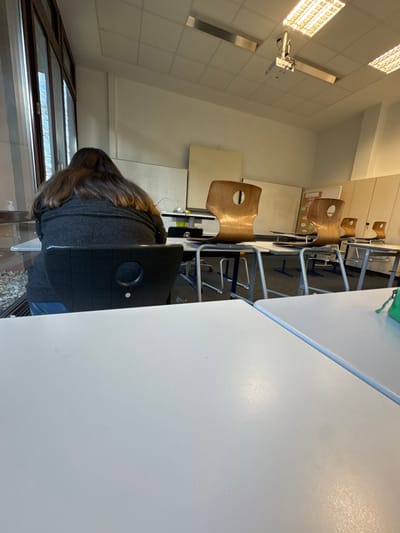 The image depicts an indoor educational setting, identified as being in Bühl, Germany, specifically a classroom or lecture hall, viewed from a low perspective, likely from an unoccupied desk in the foreground.
In the foreground-middle, a person is seated with their back to the camera. They have long, dark brown hair and are wearing a dark grey or black jacket over what appears to be blue jeans. They are seated in a dark chair with a circular cutout in the backrest, positioned at a light-colored rectangular desk. Their posture suggests they are focused on an activity at the desk or an area beyond it.
Immediately to the right of the camera's perspective, a second light-colored rectangular desk is partially visible, on which a small green pouch is placed. Beyond the seated individual, several rows of additional desks and chairs are arranged. These chairs feature light-colored wooden, curved backrests with a distinctive oval cutout, mounted on grey metal frames. The desks are also light-colored with grey metal frames.
Along the left side of the room, a large window with dark frames extends upwards, admitting natural light. Outside the window, at desk level, a shallow area filled with small white and grey stones is visible. The ceiling is composed of light-colored tiles, incorporating multiple rectangular fluorescent light panels and a white projector unit mounted from the ceiling. A large white board or projection screen is visible on the far wall of the room. The overall environment is well-lit by a combination of natural and artificial light.