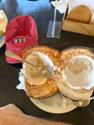 A halved coconut rests on a white plate, accompanied by a spoon inside. A red "Supreme" baseball cap sits beside it. A wooden napkin holder, containing napkins and a metal holder, is nearby. A portion of a human arm is visible on the right side. The setting appears to be a dark-colored table.