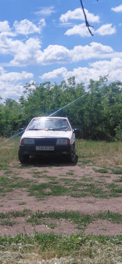 The image depicts a white car parked on a dirt road in Ketrysanivka, Ukraine. The car is facing the viewer, with its front grille and license plate clearly visible. The license plate reads "540-810H". The car is surrounded by dry grass and dirt, with a dense green foliage of trees and bushes in the background. The sky above is a bright blue with scattered white clouds, and a bare tree branch hangs from the top right corner of the frame. The scene suggests a rural or semi-rural setting.