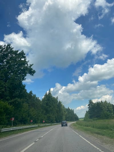 The media file depicts a view from a vehicle traveling on a paved road in a rural, forested area. The road has a white line marking its center and edge. On the right side of the road, there is a metal guardrail with several red and white directional signs indicating curves. The road is bordered by a dense forest of green trees. In the distance, a dark-colored car is visible on the road ahead.
The scene is under a bright blue sky with fluffy white clouds. The orientation of the image suggests it was taken vertically, and then rotated. The sunlight indicates it is daytime, likely midday or afternoon, given the brightness of the sky and clouds.
The location is identified as Grigoryevskoye, Russia. There is no visible text in the image. The overall impression is of a scenic drive through a natural landscape. The activity depicted is travel by vehicle. The emotional tone is neutral, focusing on the observation of the environment.