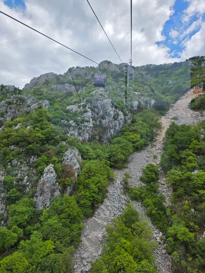 A view from a cable car ascending a mountain in Mirac, Montenegro. The landscape is rocky and covered with green vegetation. Below, a dry riverbed snakes through the terrain. The sky is overcast with patches of blue. The cable car is suspended by cables visible in the foreground.