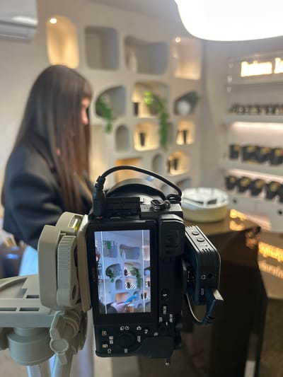 The image shows a camera recording a woman in a room. The woman, with long dark hair, is out of focus in the background, wearing a black jacket. She appears to be interacting with something on a counter or table. The foreground is dominated by the camera itself, which is mounted on a tripod. The camera's screen displays a live feed of the scene, showing the woman and the background. The background is a well-lit room with shelves on the wall, some containing plants and products. There are also bright lights at the top of the image, suggesting it's an indoor setting. No specific location in Postol, Russia, can be identified from the visual information.