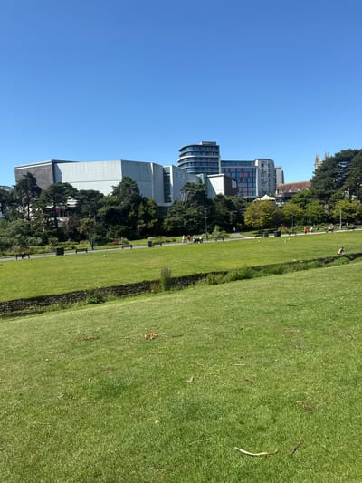 This is a photograph of a park in Bournemouth, United Kingdom, on a clear, sunny day. In the foreground, a large expanse of mowed green grass slopes down, with a shallow, overgrown ditch running across the middle ground. In the middle ground, a paved pathway runs horizontally across the scene, bordered by benches and trees. Several people are visible walking along the path, and some are seated on the benches. Beyond the pathway, a line of trees separates the park from a collection of modern buildings, including a large, grey building with "ODEON" visible on its facade, and several other multi-story structures with colorful accents and glass facades. A spire of a church is visible to the far right of the frame, peeking above the trees and buildings. A single person is seated on the grass in the right middle ground, facing away from the camera. The sky is a clear, vibrant blue.