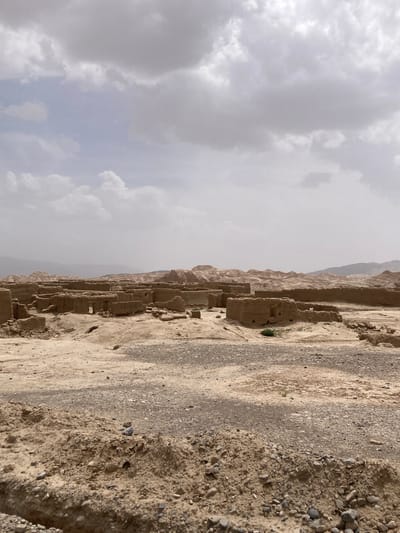 The image captures a vast, arid landscape in Saranan, Pakistan, under an overcast sky. The horizon line runs horizontally across the middle of the frame, separating the sky from the rugged terrain below.

In the foreground, a rough dirt and gravel track or path stretches from the right side of the image, leading towards the left. The ground is dry, with varying textures of packed earth, small stones, and larger pebbles. Sparse, small patches of green vegetation can be seen dotted across the dusty ground.

The midground is dominated by what appears to be the extensive ruins of an ancient settlement or fortress. These structures are made of earthen materials, likely mud brick or adobe, and are in various states of decay. Walls, foundations, and remnants of buildings line a raised ridge or plateau, suggesting a once-inhabited area. Some structures still show distinct openings or window-like features, hinting at their original purpose. The weathered architecture blends seamlessly with the surrounding natural environment, reflecting centuries of exposure to the elements.

In the background, a range of mountains or hills rises, their peaks receding into a light atmospheric haze, suggesting distance and the vastness of the landscape. The sky above is largely covered by light grey, diffuse clouds, indicating an overcast day. There are no clear shadows, and the overall lighting is soft and even.

No human activity or individuals are visible in the scene. There is no visible text. The image evokes a sense of timelessness and historical significance in a desolate, natural setting.