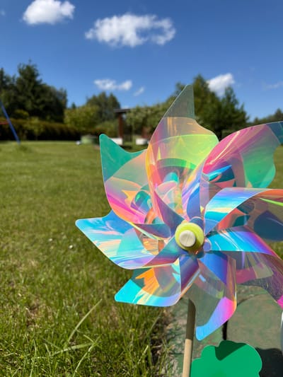 A colorful, iridescent pinwheel is the primary subject of this photograph. The pinwheel has eight blades, each reflecting a spectrum of colors including pink, blue, green, and yellow. It is attached to a light brown wooden stick which is partially visible. A small, light green and white cap is at the center of the pinwheel. The pinwheel is positioned in the foreground, slightly to the right of the frame, with its blades appearing to be in motion, suggesting a breezy environment.
The background consists of a vibrant green lawn, meticulously mown and well-kept, indicating an outdoor setting like a park or a backyard. In the mid-ground, a line of lush green trees forms a natural boundary, their leaves appearing full and healthy under the bright sunlight. Behind the trees, a glimpse of a wooden structure, possibly a playground or a gazebo, can be seen. The sky above is a clear, bright blue, dotted with fluffy white clouds. The overall lighting suggests it is a sunny day.
The scene is located in the village of Strzyżowice, Poland, a location known for its natural beauty and recreational spaces. The image evokes a sense of childhood nostalgia and outdoor enjoyment, capturing a moment of playful simplicity. No people or animals are present in the frame.