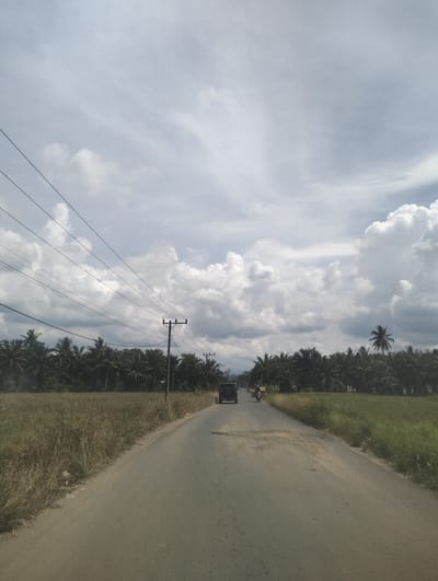 The image depicts a road in Kruengmanyang, Indonesia, under a cloudy sky. The road is paved and appears to be in moderate condition, with some areas of rough surface visible. On either side of the road, there are fields of dry grass and some green vegetation, bordered by a dense line of palm trees. Power lines run diagonally across the upper left portion of the image, supported by utility poles. In the distance, two vehicles are traveling on the road: a dark-colored van or SUV and a motorcycle carrying two individuals. The van is in the left lane, and the motorcycle is in the right lane. The overall scene suggests a rural or semi-rural setting.