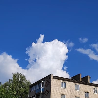 The image shows a cloudy blue sky above a light-colored brick apartment building. A large, fluffy white cloud is centrally located in the sky, with its shape vaguely resembling an animal with a tail. To the left of the building, the tops of leafy green trees are visible. The building has a tiled roof and multiple windows, some of which are open. Chimney-like structures are present on the roof. The scene is set during daylight. This image was taken in Vatagi, Russia.