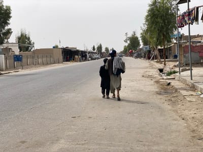 Two men are walking down a paved road in Panjwai, Afghanistan (latitude: 31.542, longitude: 65.463). The road is bordered by buildings on the left side, including a tall building with a white roof, a shorter building with a brown facade, and a few other buildings with open facades. The road is relatively empty, with no other cars or people visible. There are a few trees on the right side of the road, and a shallow ditch runs parallel to the road. The man in front is wearing a brown robe, a dark blue cap, and a light grey shawl over his shoulder. The man behind him is wearing a black jacket and trousers. The men are walking towards the camera, their faces obscured from view. The sky is grey and overcast. The scene is peaceful and quiet.