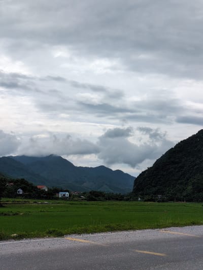 The image depicts a rural landscape under a cloudy sky. In the foreground, a gray asphalt road with a yellow line runs diagonally across the bottom of the frame. To the left of the road is a strip of green grass and some sparse vegetation. Beyond this, a vibrant green field, likely a rice paddy, stretches towards a line of trees and houses. Several houses with red and white roofs are visible nestled amongst the trees at the base of rolling, tree-covered mountains. The mountains are dark green and shrouded in mist and clouds, giving the scene a somewhat moody atmosphere. The sky is overcast with shades of gray and white clouds. The image appears to have been taken in a rural area, possibly in Tân Thanh Commune, Vietnam, given the characteristic terraced fields and mountainous terrain. There are no people or animals visible in the scene.