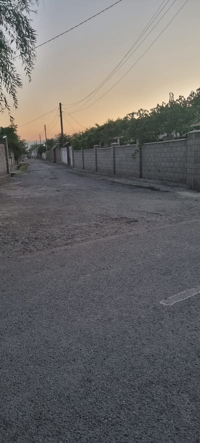 The image depicts a street scene in Havaskor, Tajikistan, during what appears to be dusk or dawn. The road surface is paved with asphalt, showing some signs of wear and tear with visible potholes and unevenness. On the right side of the road, a long, grey brick wall runs the length of the image, topped with leafy green trees and vines. On the left side, a similar brick wall is visible at the beginning of the scene, with more trees and vegetation extending further down the road. Electrical wires and poles are prominent in the background, stretching across the pale, softly colored sky, which transitions from a light grey at the top to a faint orange hue near the horizon. A few indistinct figures of people can be seen in the distance on the left side of the road, walking away from the camera. The overall atmosphere is quiet and tranquil, characteristic of a residential area at the end or beginning of the day.