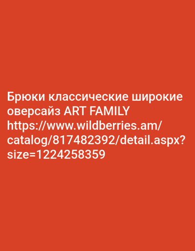 The image displays text on an orange background. The text reads "Брюки классические широкие" which translates to "Classic wide trousers". Below that, it says "оверсайз ART FAMILY", meaning "oversize ART FAMILY". The following lines are a URL: "https://www.wildberries.am/catalog/817482392/detail.aspx?size=1224258359". There are no people, objects, or environmental details visible in the image. The image does not contain any information related to the city of Goris, Armenia.