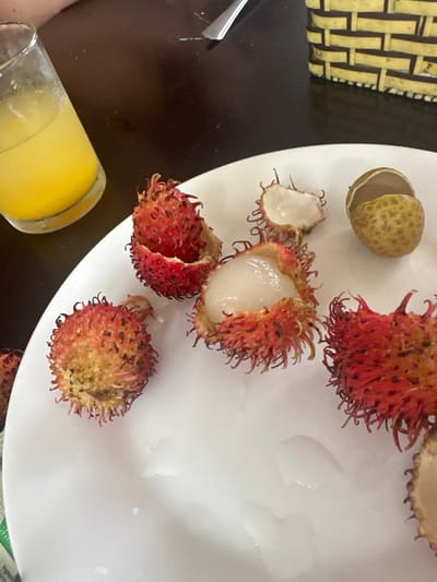 Rambustans, peeled and unpeeled, are arranged on a white plate. Some of the rambustans have white flesh exposed. There is a partially empty glass of yellow liquid next to the plate. A yellow and black woven placemat is partially visible on the left, along with a metallic object. The background appears to be a dark brown surface.