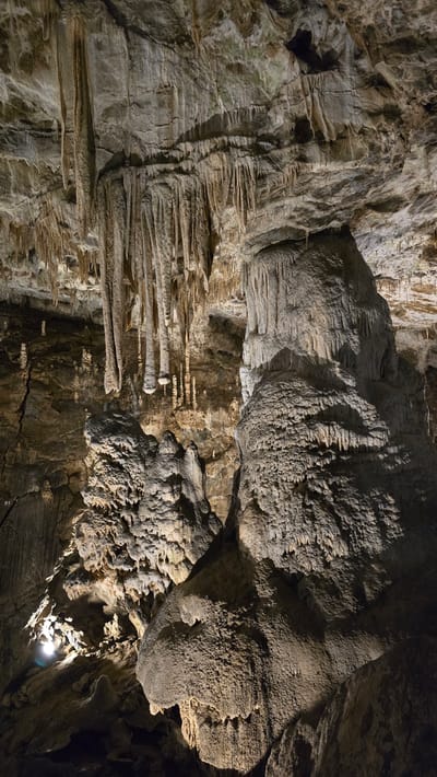 This is an image of the interior of a cave, likely in the area of Vavřinec, Czechia. The cave is filled with various speleothems, which are mineral deposits formed in caves over long periods. In the foreground, there are large stalagmites and stalactites. Stalagmites are formations that grow upward from the cave floor, while stalactites hang down from the ceiling. The formations are primarily composed of limestone, giving them a textured, rocky appearance.
The lighting in the cave is artificial, casting shadows that highlight the intricate details and rough surfaces of the speleothems. The colors are predominantly earthy tones of brown, gray, and beige, with variations in shade depending on the lighting and mineral composition. The overall environment is dark and damp, typical of a natural underground cave system. There are no people or animals visible in the image. The focus is entirely on the geological formations and the natural architecture of the cave. The background shows more of the cave walls and ceiling, also adorned with smaller stalactites and rock formations.