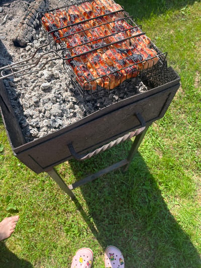 This media file captures an outdoor scene with a focus on food being grilled. The primary subjects are pieces of chicken on a grill basket placed over hot coals in a black metal brazier. The chicken appears to be marinated and is showing signs of being well-cooked, with some charring. The brazier itself is set on the ground amidst green grass.
In the background, there is a person's bare foot and a pink Croc shoe visible on the grass, suggesting the presence of at least one person enjoying the outdoors. The setting is a grassy area, likely a backyard or park, with sunlight casting shadows, indicating it is daytime. The overall atmosphere is relaxed and casual, typical of a barbecue or outdoor gathering. The location context provided is Pushkino, Russia, which aligns with a summery, outdoor activity. There is no visible text in the image.